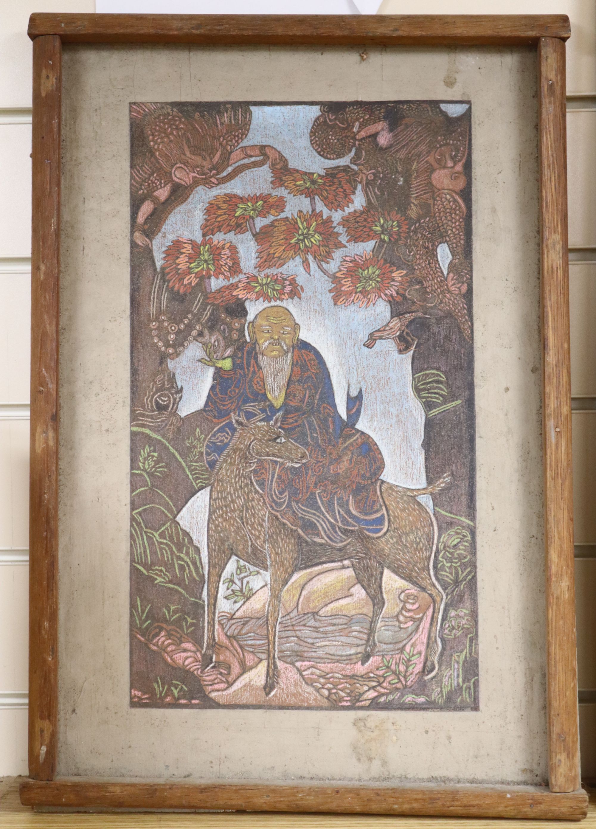 Early 20th century English School, tempera on board, Chinese sage riding a deer, unsigned, 48 x 31cm